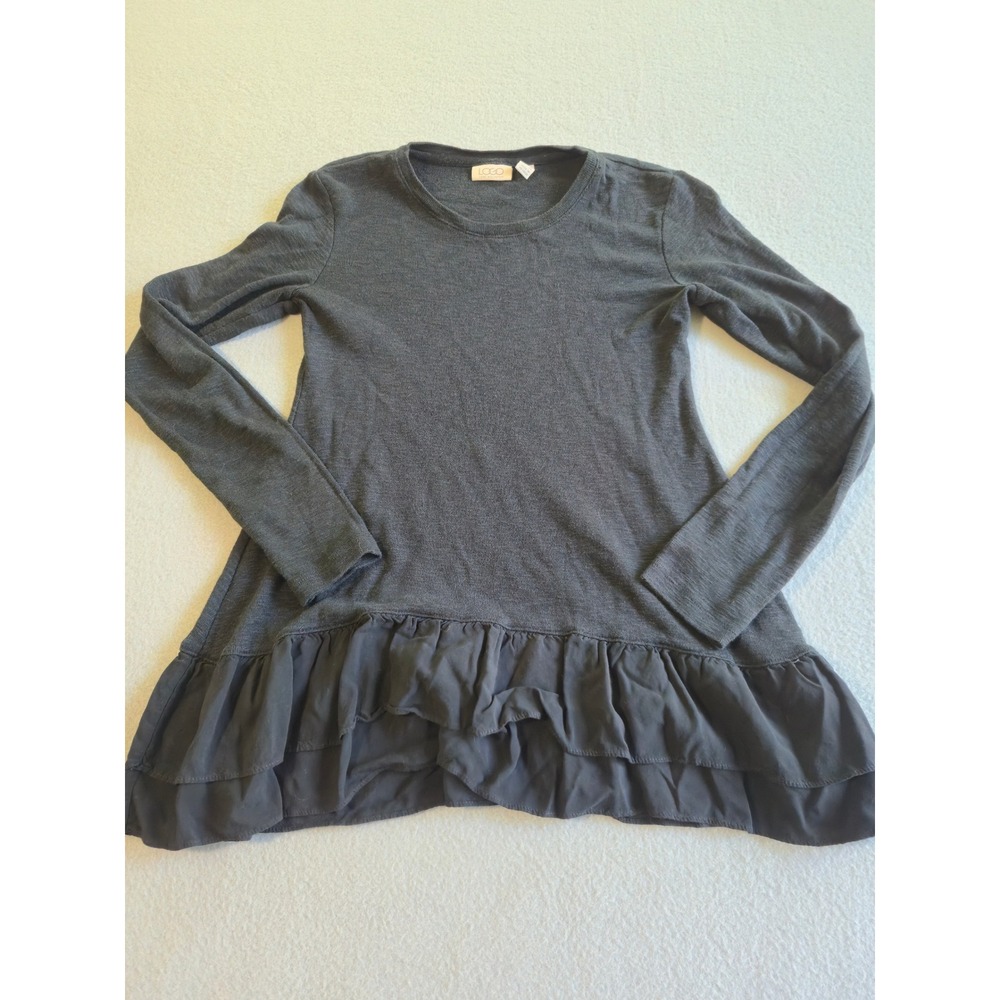 LOGO Lori Goldstein Top Womens‎ XXS Gray Long Sleeve Ruffle Chiffon Hem Tunic